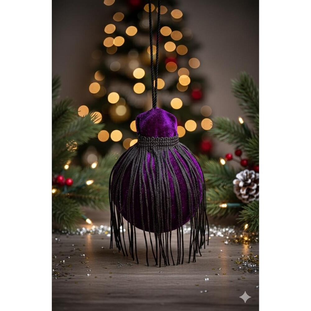 Purple Velvet Christmas Ornaments with Black Fringe, Flexible Necks, Set of 6